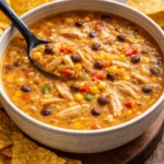Bowl of Crockpot Chicken Tortilla Soup garnished with tortilla strips and herbs