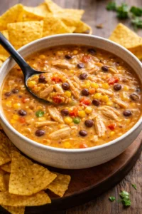 Bowl of Crockpot Chicken Tortilla Soup garnished with tortilla strips and herbs