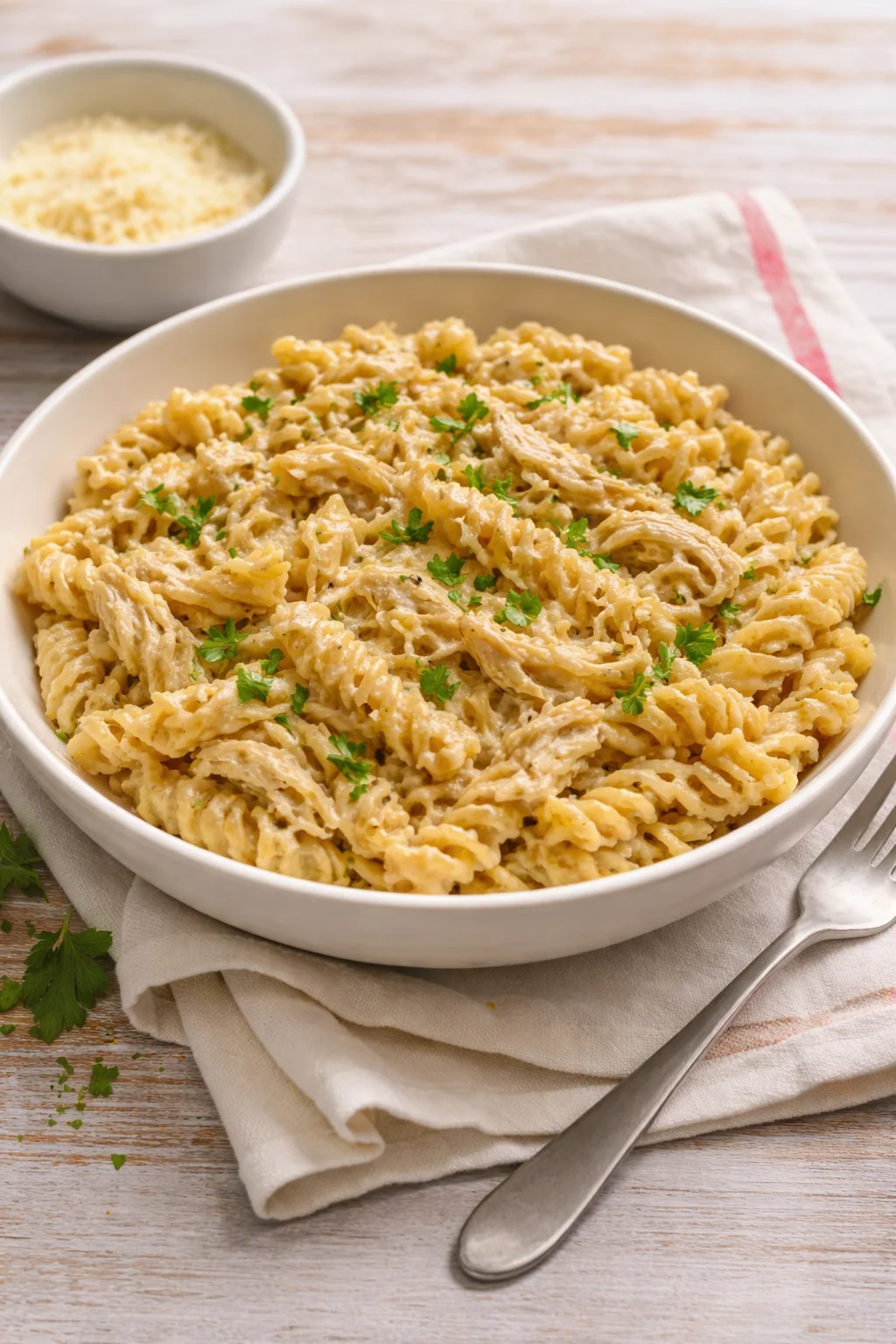 Crockpot garlic parmesan chicken pasta served in a bowl with garnish.