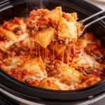 Delicious Crockpot Lasagna with Ravioli served in a bowl