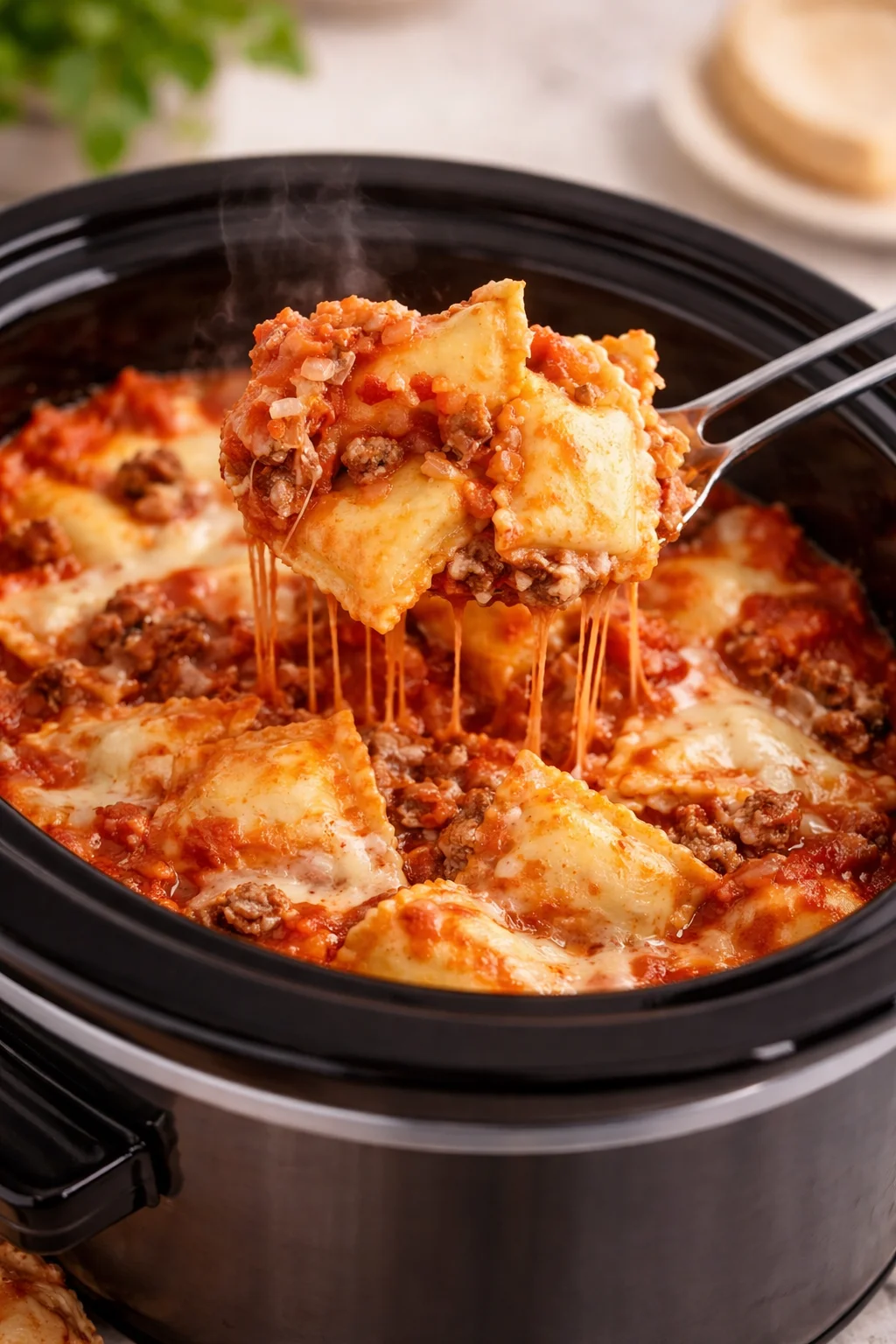 Delicious Crockpot Lasagna with Ravioli served in a bowl