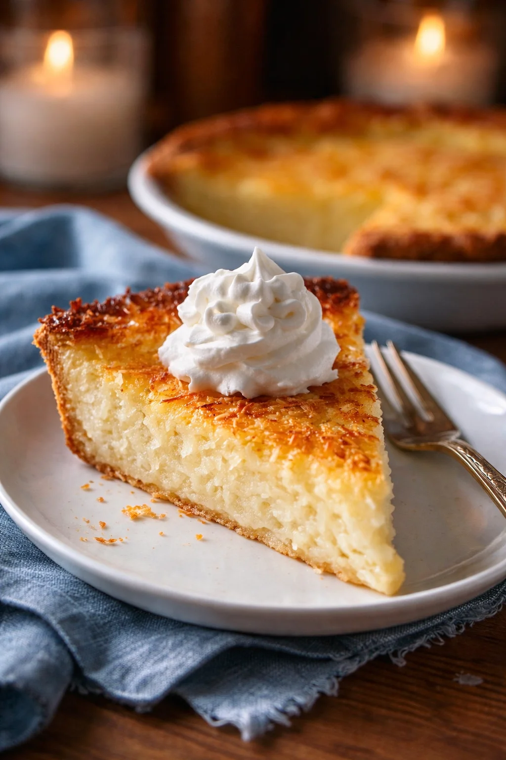 Slice of Easy Coconut Rum Pie with a creamy coconut and rum filling