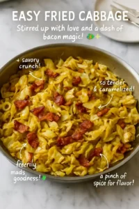 Delicious easy fried cabbage served in a skillet with seasonings.