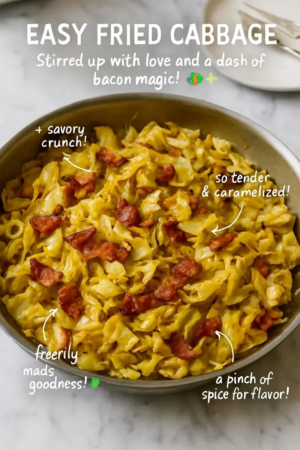 Delicious easy fried cabbage served in a skillet with seasonings.