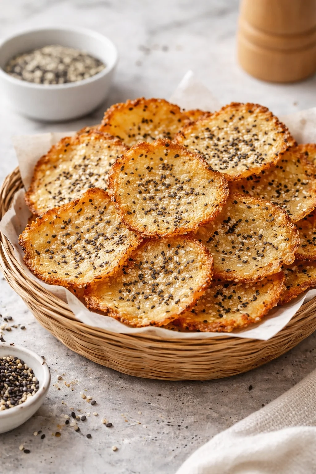 Bowl of easy keto cottage cheese chips, a low-carb snack