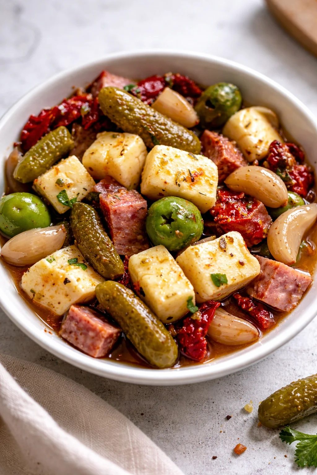 Delicious easy marinated cheese appetizer served on a platter