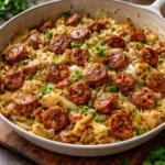 Easy sausage and cabbage stir fry served in a colorful bowl