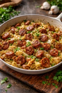 Easy sausage and cabbage stir fry served in a colorful bowl