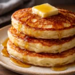 Plate of fluffy old-fashioned pancakes topped with syrup and berries