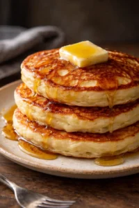 Plate of fluffy old-fashioned pancakes topped with syrup and berries