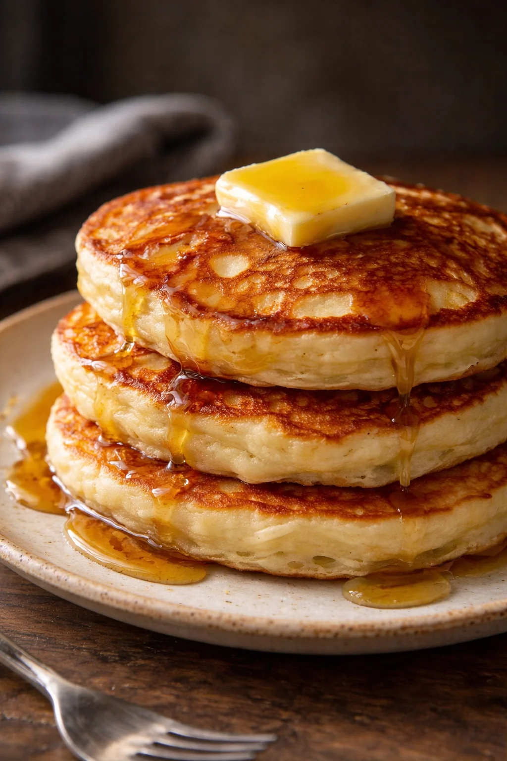 Plate of fluffy old-fashioned pancakes topped with syrup and berries