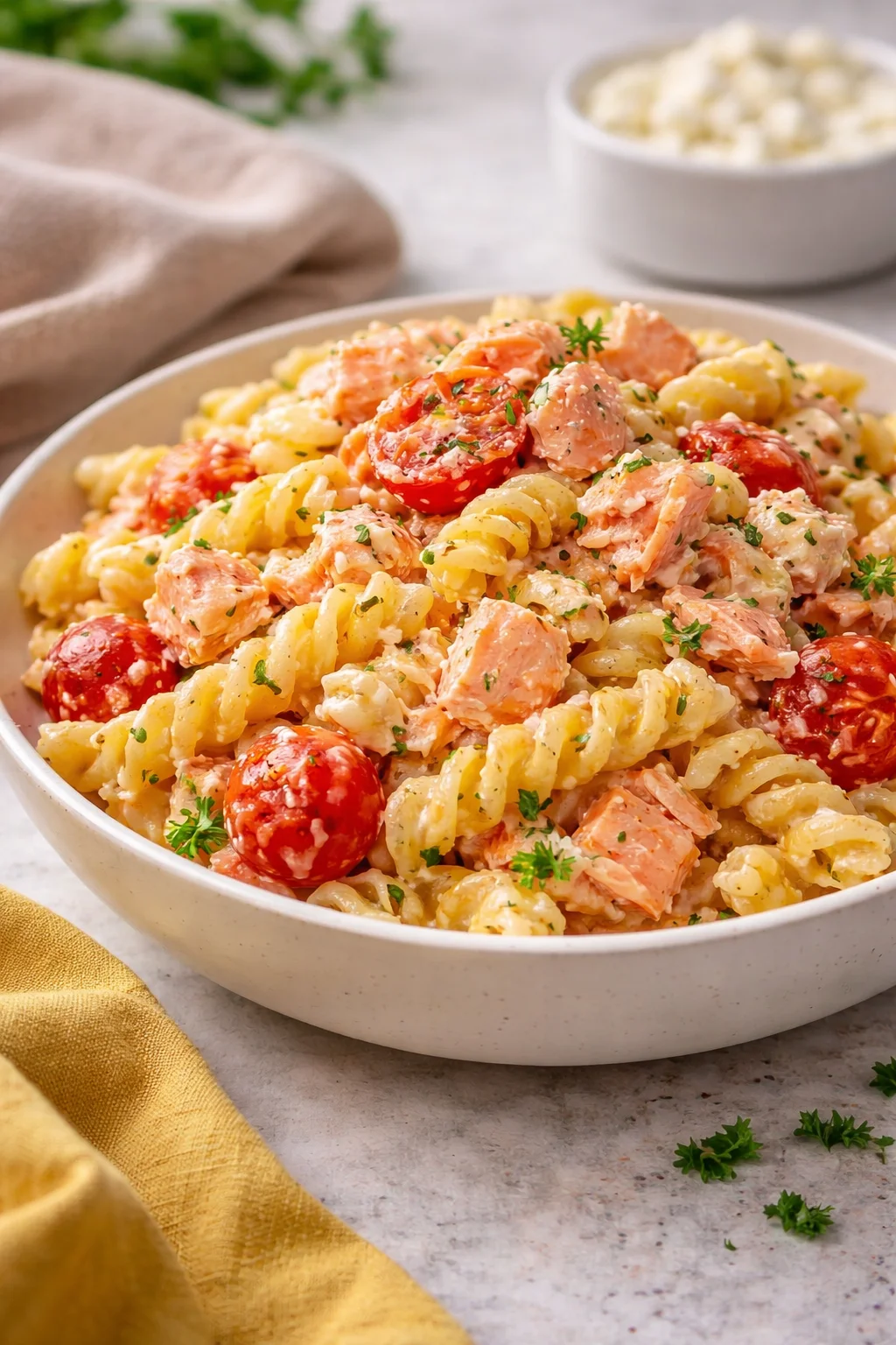 Garlic baked feta salmon pasta served in a bowl with herbs and lemon slices.