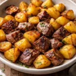 Delicious garlic butter steak bites served with golden roasted potatoes