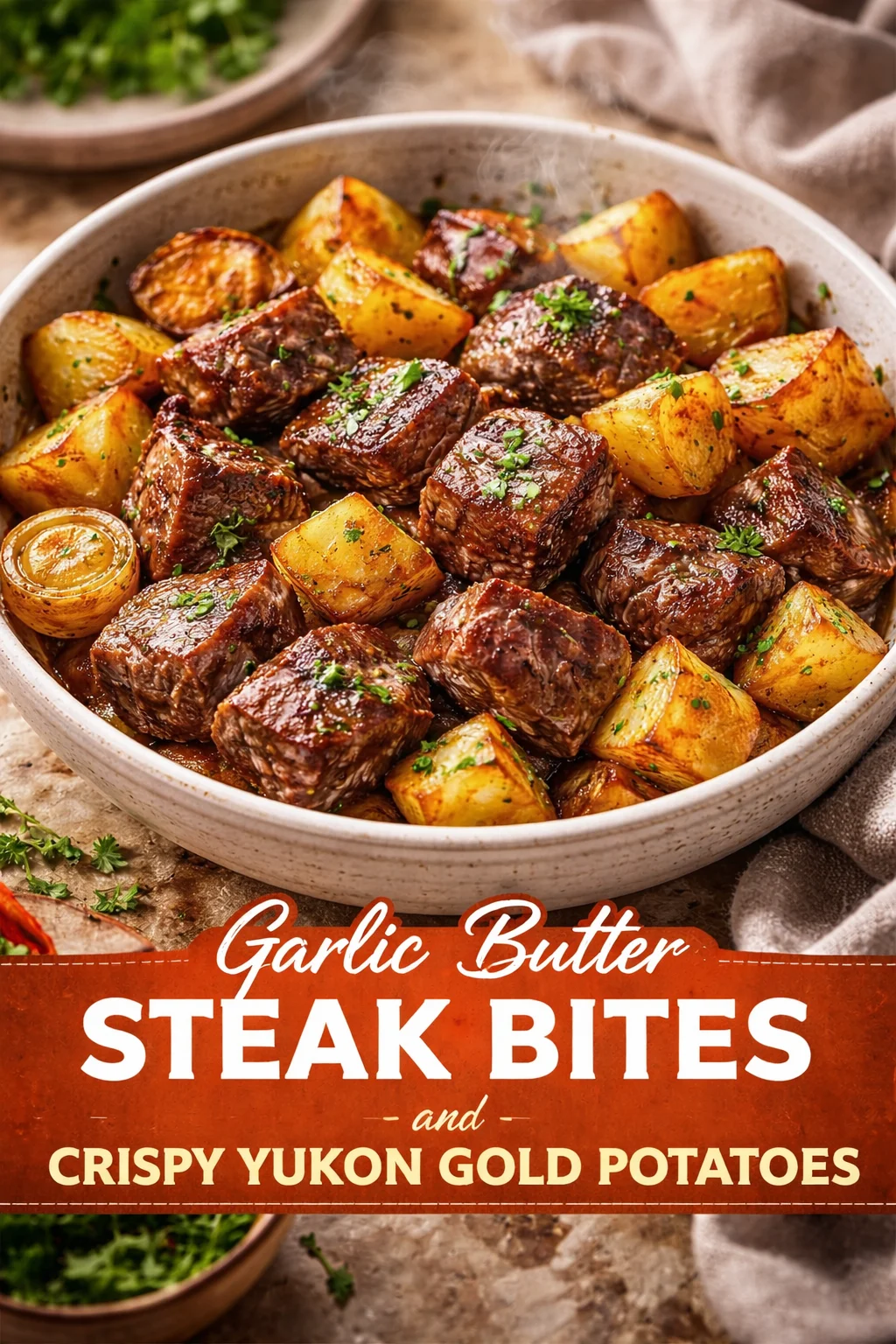 Garlic Butter Steak Bites and Potatoes