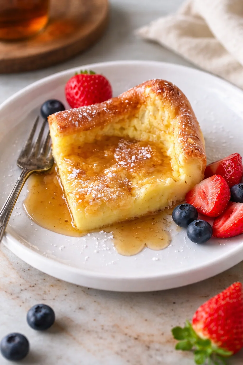 Fluffy German pancakes served with syrup and fresh fruits