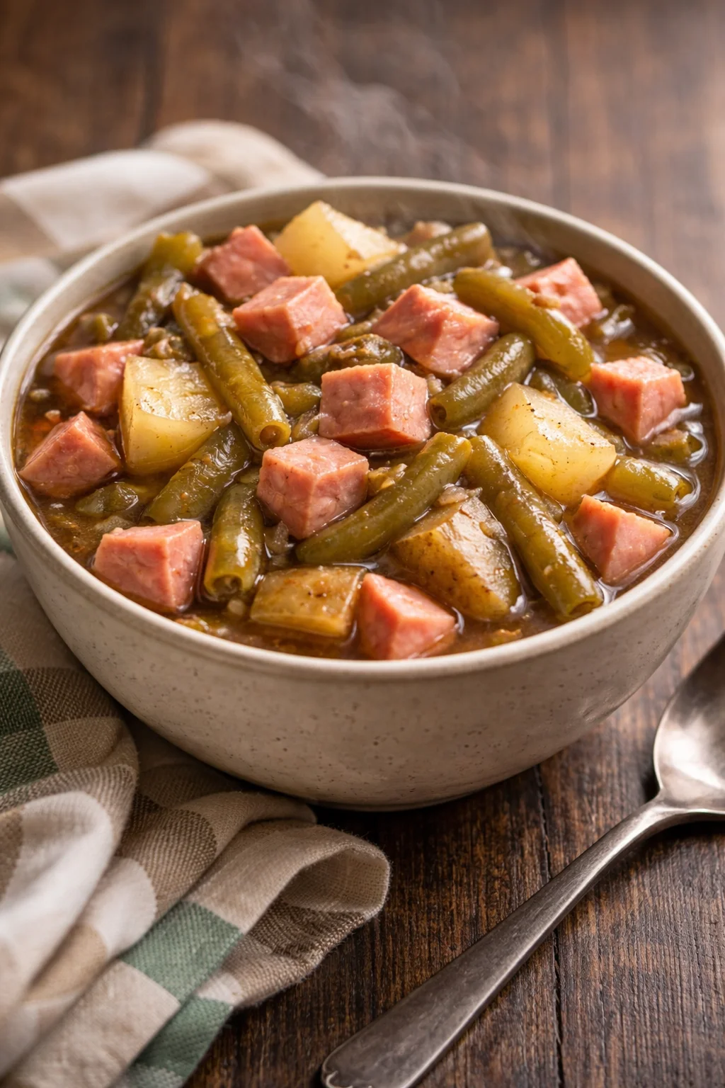 Bowl of Ham and Potato Stew garnished with herbs
