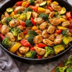 Healthy chicken and vegetables skillet dish showcasing colorful ingredients.