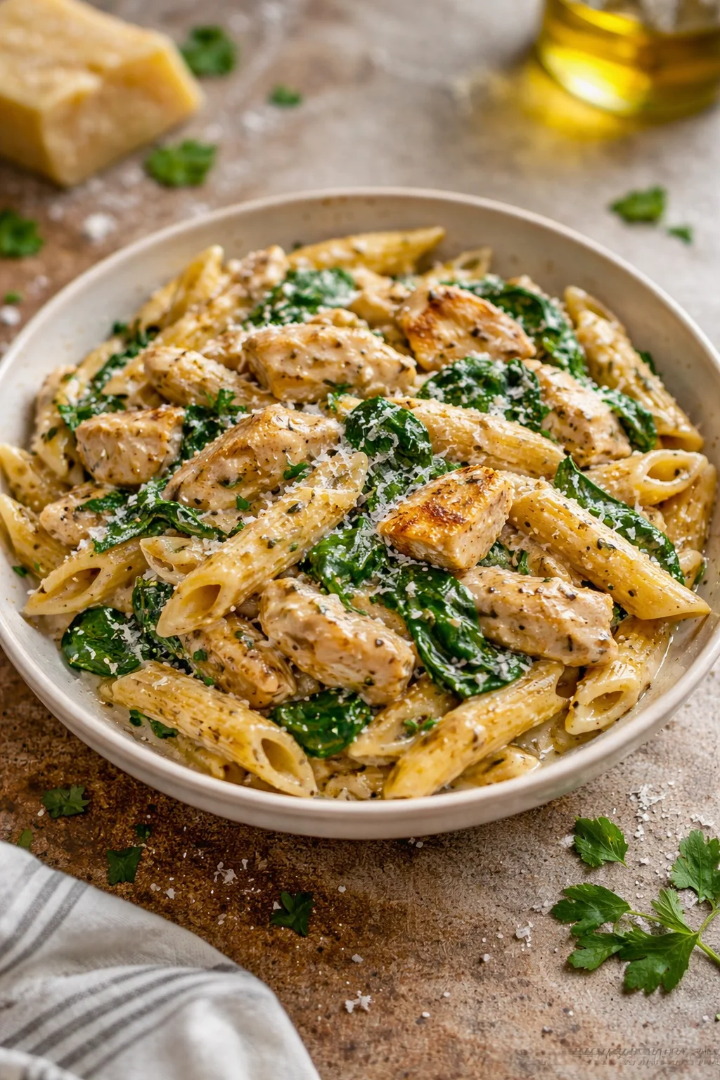 Healthy Garlic Parmesan Chicken Pasta served with fresh herbs and parmesan cheese.