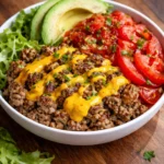 High-protein cheeseburger bowls with fresh toppings and ingredients