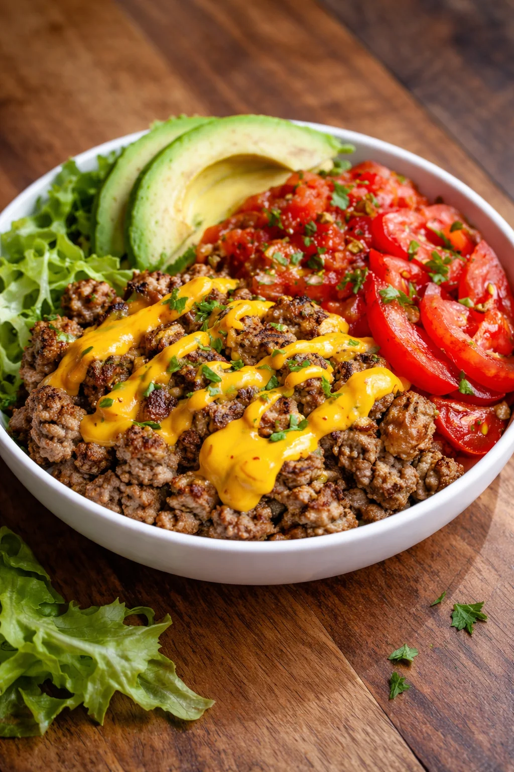 High-protein cheeseburger bowls with fresh toppings and ingredients