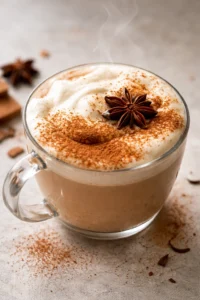 A steaming cup of homemade chai latte with spices and frothy milk