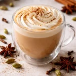 Homemade vanilla chai latte in a cozy mug with spices and vanilla beans