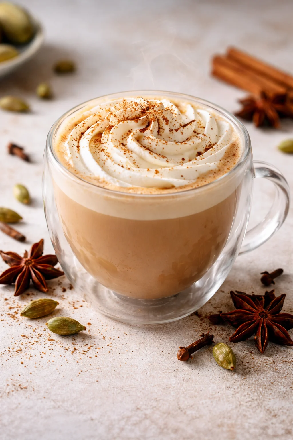 Homemade vanilla chai latte in a cozy mug with spices and vanilla beans