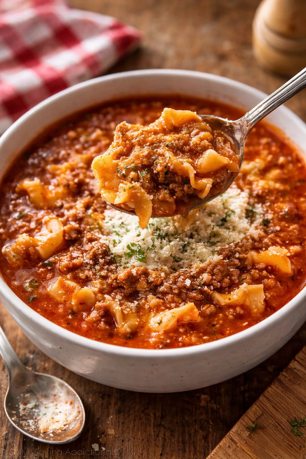 Bowl of hearty Lasagna Soup with melted cheese and fresh herbs