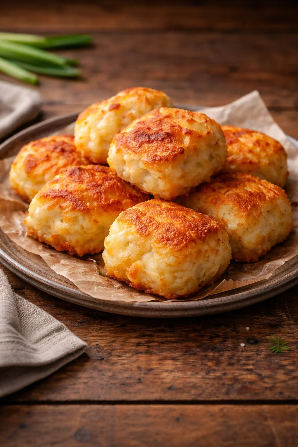 Crispy mashed potato cheese puffs served on a plate