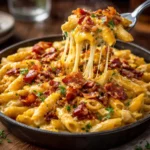 Loaded Bacon Cheeseburger Alfredo Pasta topped with fresh ingredients and crispy bacon.