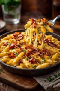 Loaded Bacon Cheeseburger Alfredo Pasta topped with fresh ingredients and crispy bacon.
