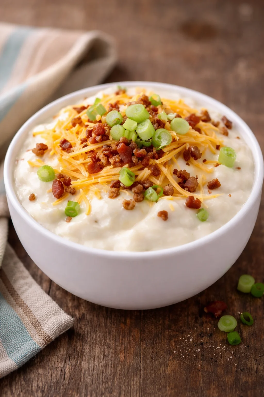 Bowl of loaded baked potato soup topped with cheese, bacon, and green onions