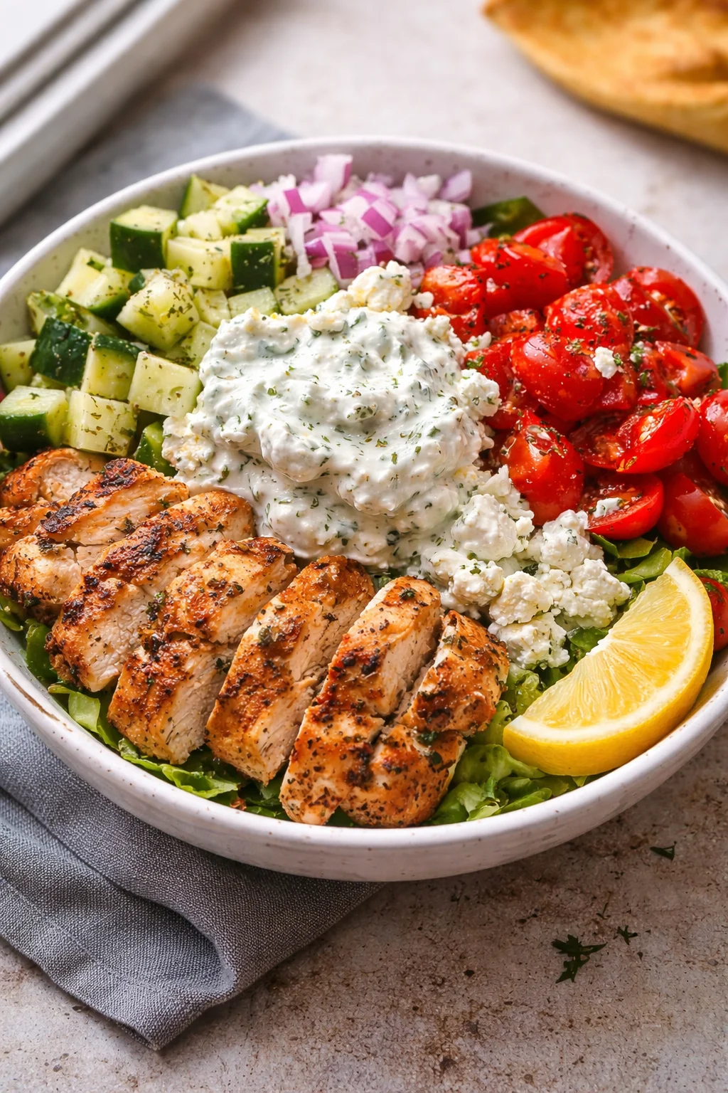 Mediterranean Chicken Bowls topped with Tzatziki sauce and fresh vegetables