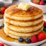 Stack of old-fashioned pancakes topped with syrup and berries