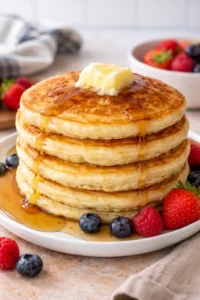 Stack of old-fashioned pancakes topped with syrup and berries