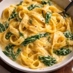 One Pot Creamy Garlic Butter Spinach Pasta served in a bowl with herbs