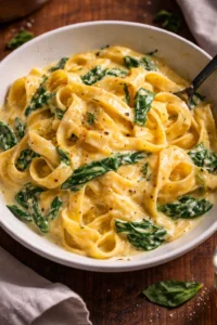 One Pot Creamy Garlic Butter Spinach Pasta served in a bowl with herbs