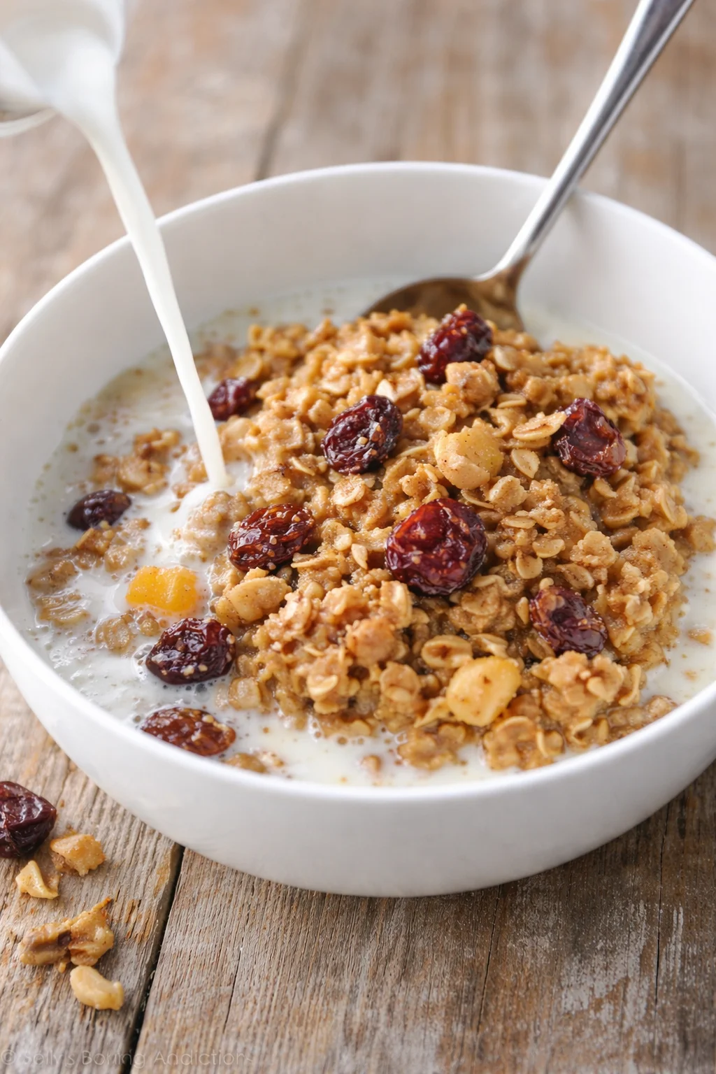 Bowl of overnight baked oatmeal topped with dried fruit and nuts