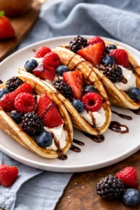 Plate of delicious pancake tacos filled with fruits and syrup