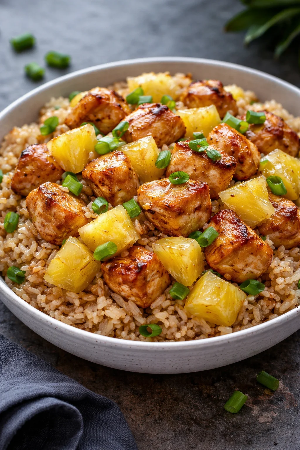 Delicious pineapple chicken stir-fry with colorful vegetables in a bowl