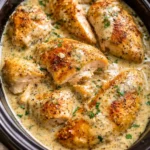 Ranch Chicken cooked in a crock pot, served with fresh vegetables.