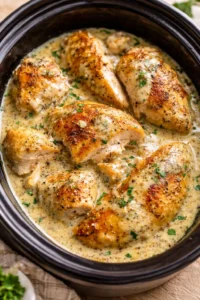 Ranch Chicken cooked in a crock pot, served with fresh vegetables.