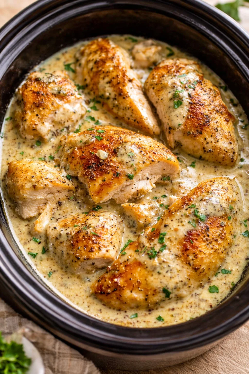 Ranch Chicken cooked in a crock pot, served with fresh vegetables.