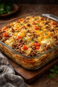Savory Cabbage Beef Bake with layers of beef and cabbage in a tasty sauce