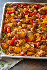 Delicious sheet pan Hawaiian chicken with vibrant vegetables and pineapple
