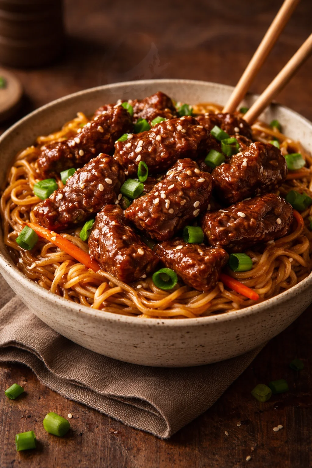 Slow cooker beef ramen noodles served in a bowl with fresh toppings