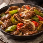 Delicious slow cooker pepper steak served with colorful bell peppers and rice.
