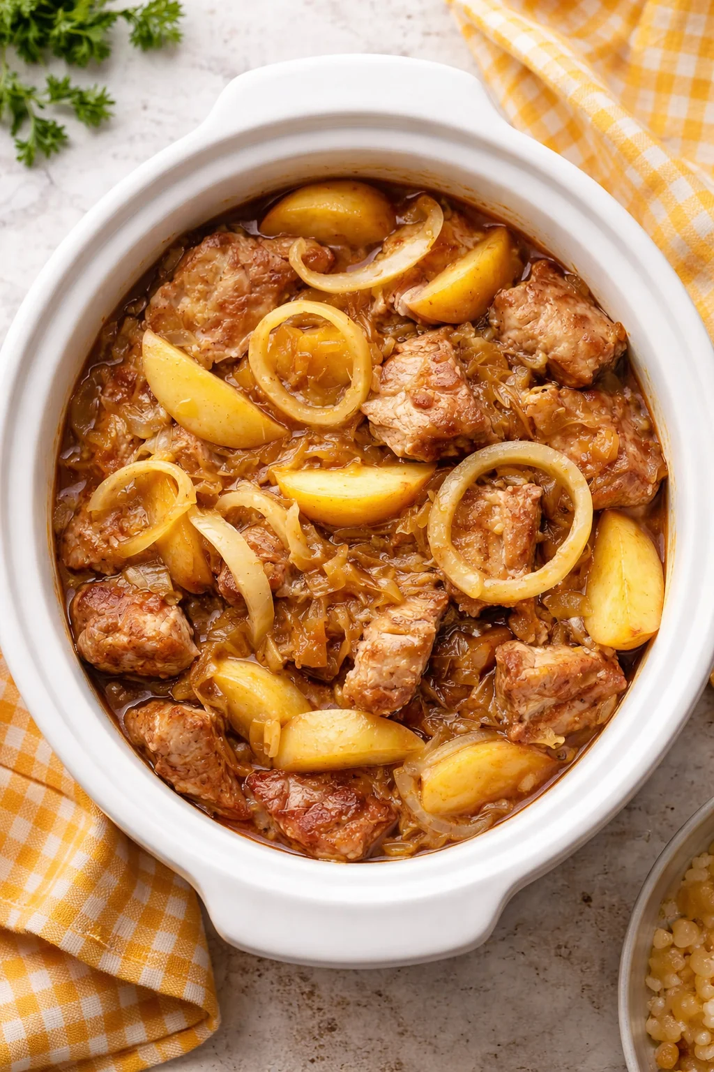 Slow Cooker Pork Loin with Sauerkraut and Apples served on a plate