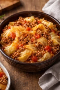 Bowl of slow cooker unstuffed cabbage rolls topped with fresh herbs