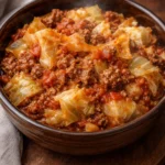 Slow cooker unstuffed cabbage rolls served in a bowl with herbs on top